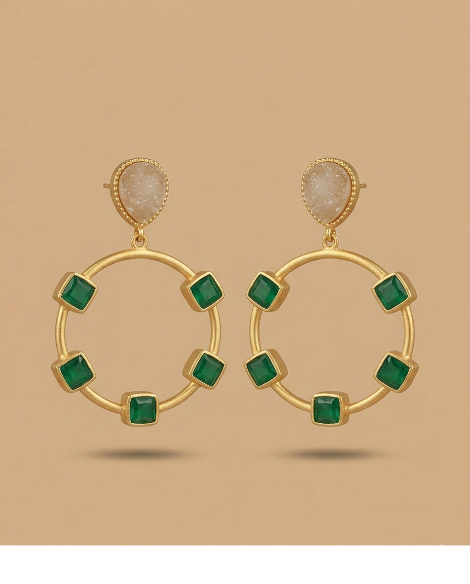 Green Emerald Geometric Hoop Drop Earrings with White Stone for Women
