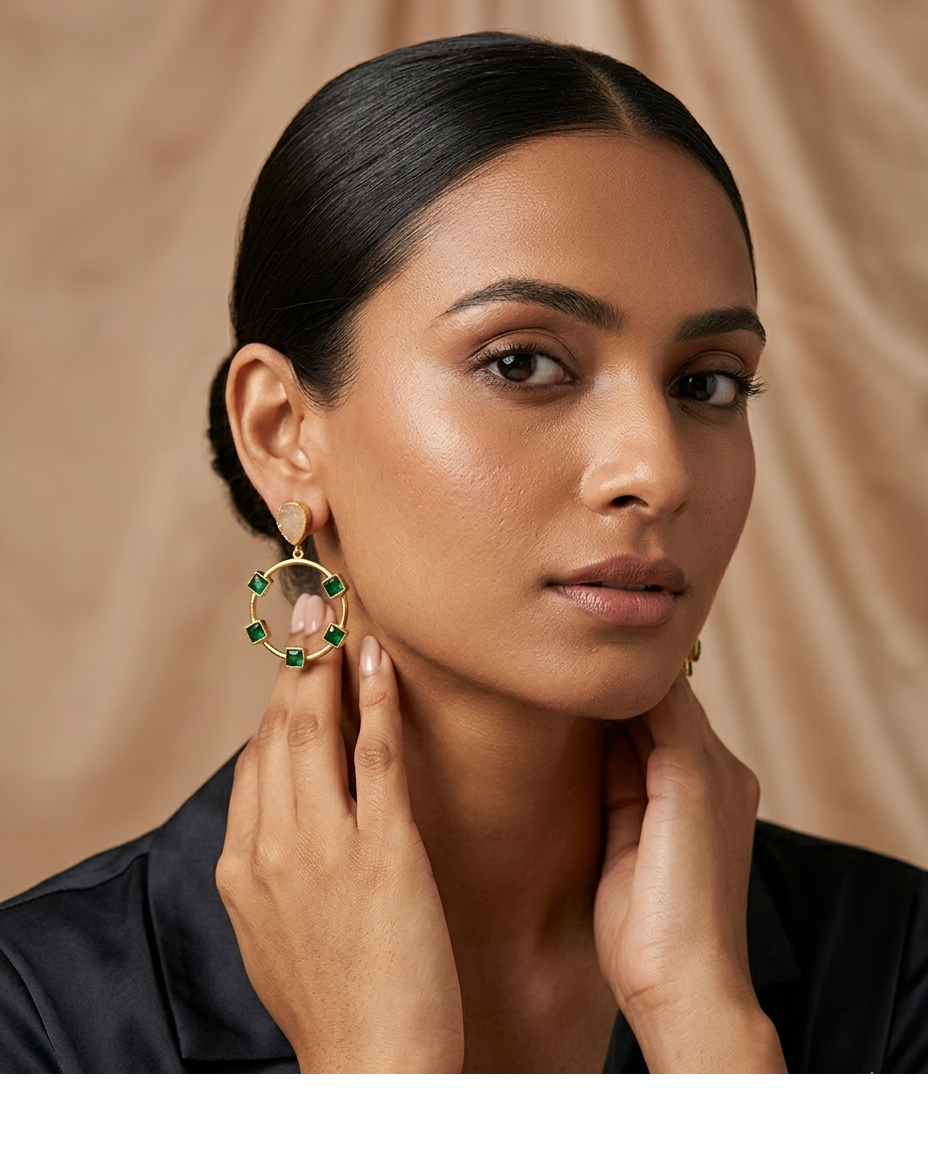 Green Emerald Geometric Hoop Drop Earrings with White Stone for Women