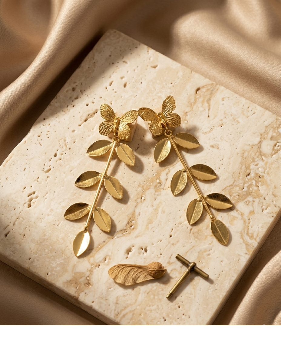 Gold Butterfly Leaf Drop Earrings for Women