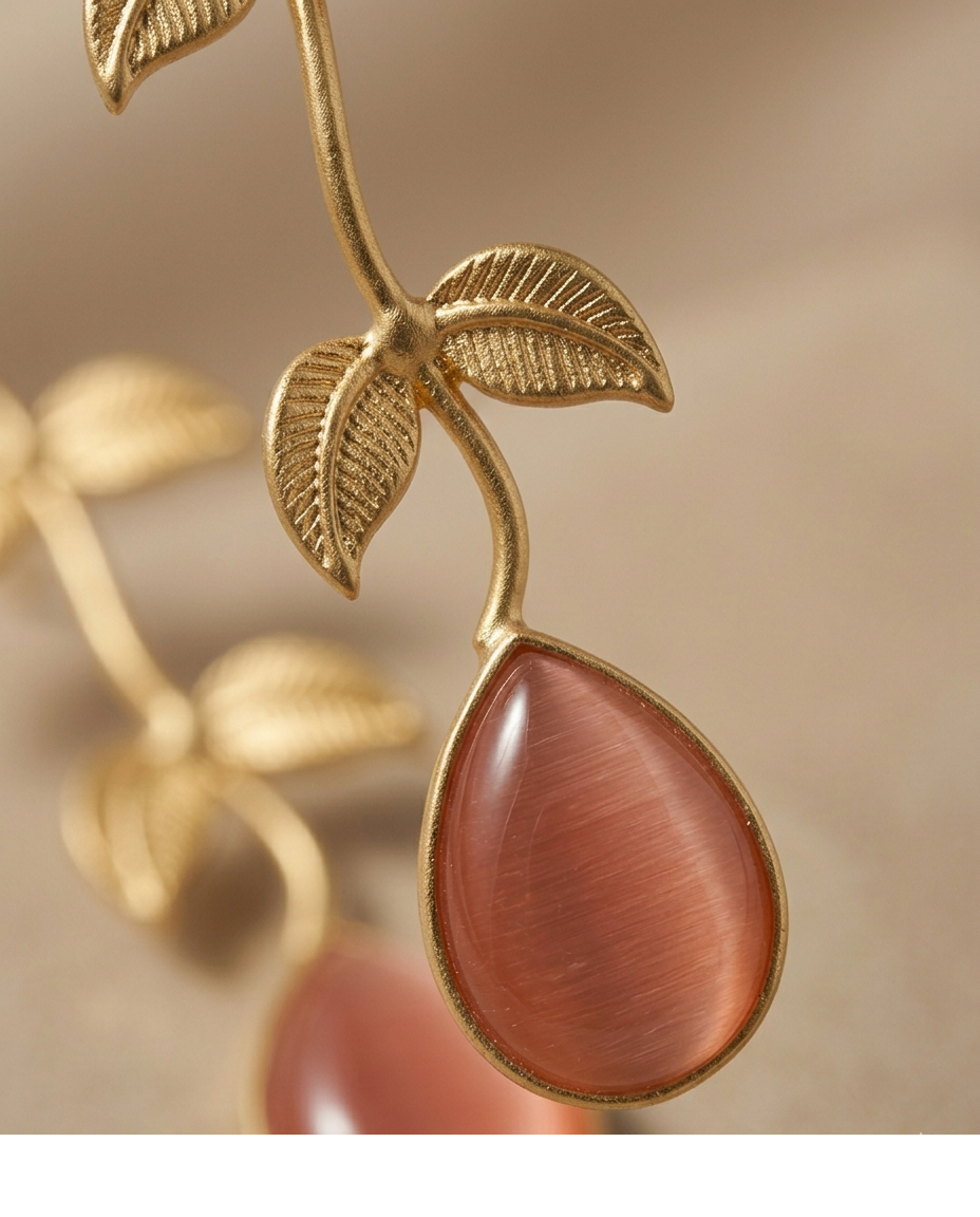 Pink Stone Botanical Leaf Drop Earrings for Women