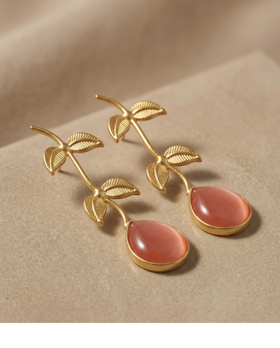 Pink Stone Botanical Leaf Drop Earrings for Women