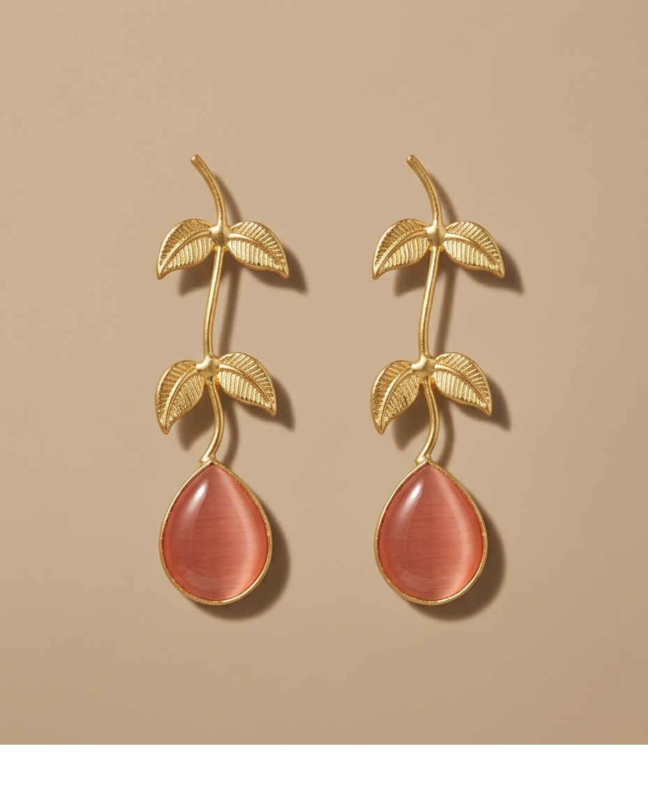 Pink Stone Botanical Leaf Drop Earrings for Women