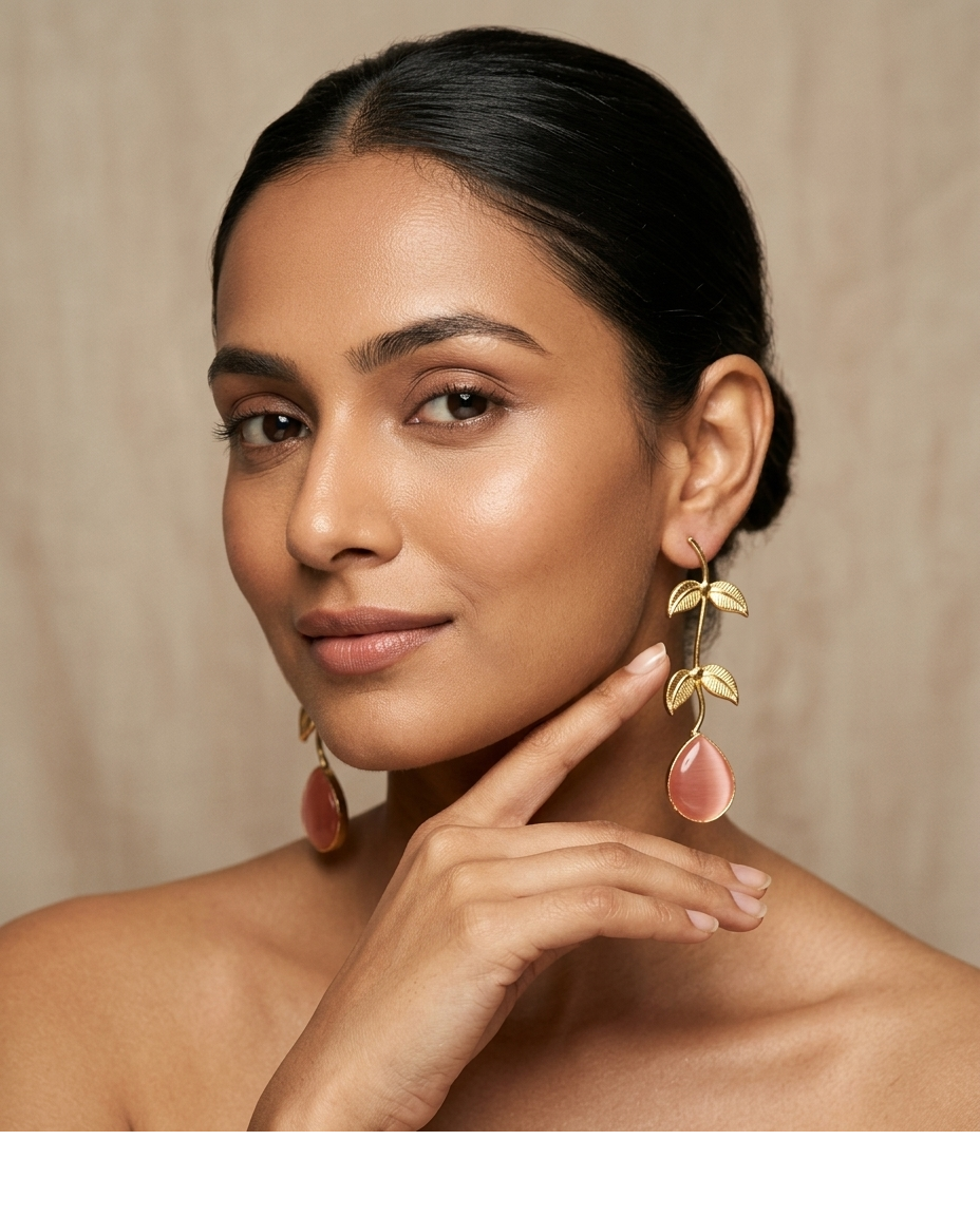 Pink Stone Botanical Leaf Drop Earrings for Women