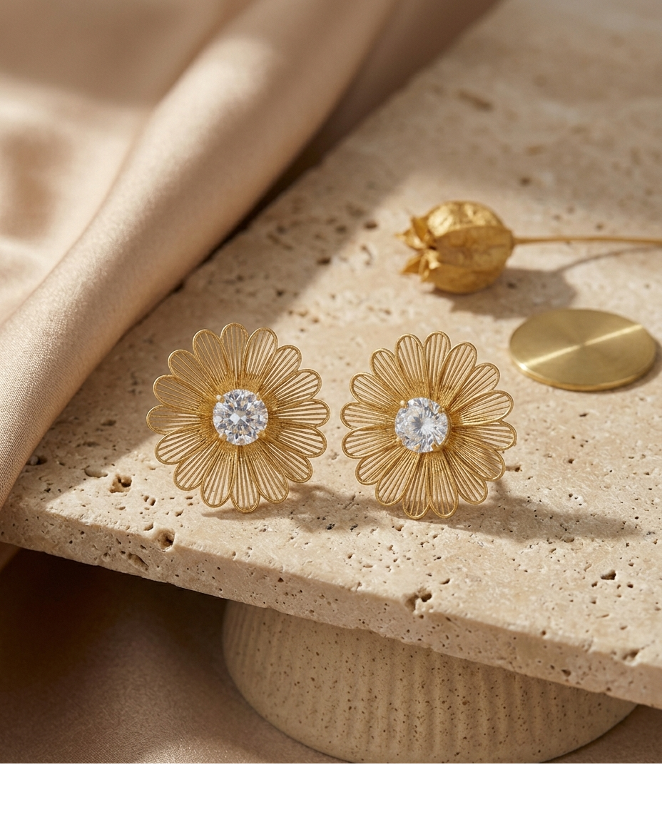 Gold Daisy Flower Stud Earrings with Crystal Center for Women