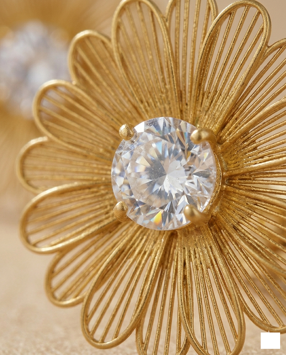 Gold Daisy Flower Stud Earrings with Crystal Center for Women