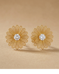 Gold Daisy Flower Stud Earrings with Crystal Center for Women