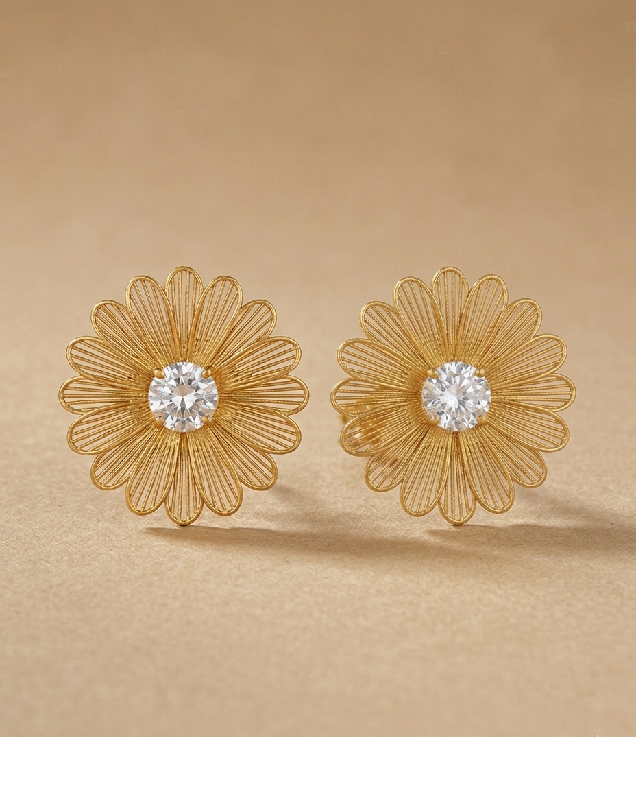 Gold Daisy Flower Stud Earrings with Crystal Center for Women