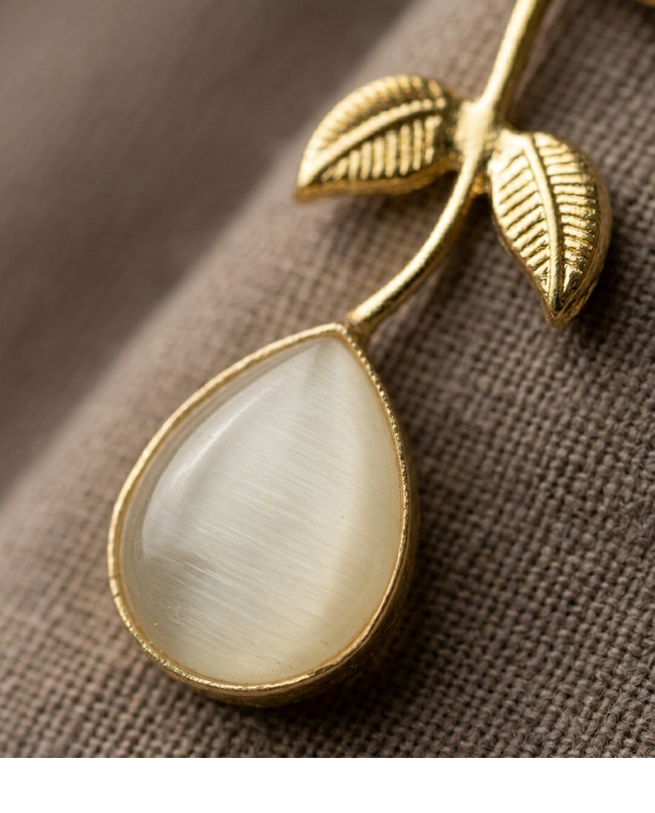 White Cat’s Eye Stone Leaf Drop Earrings for Women