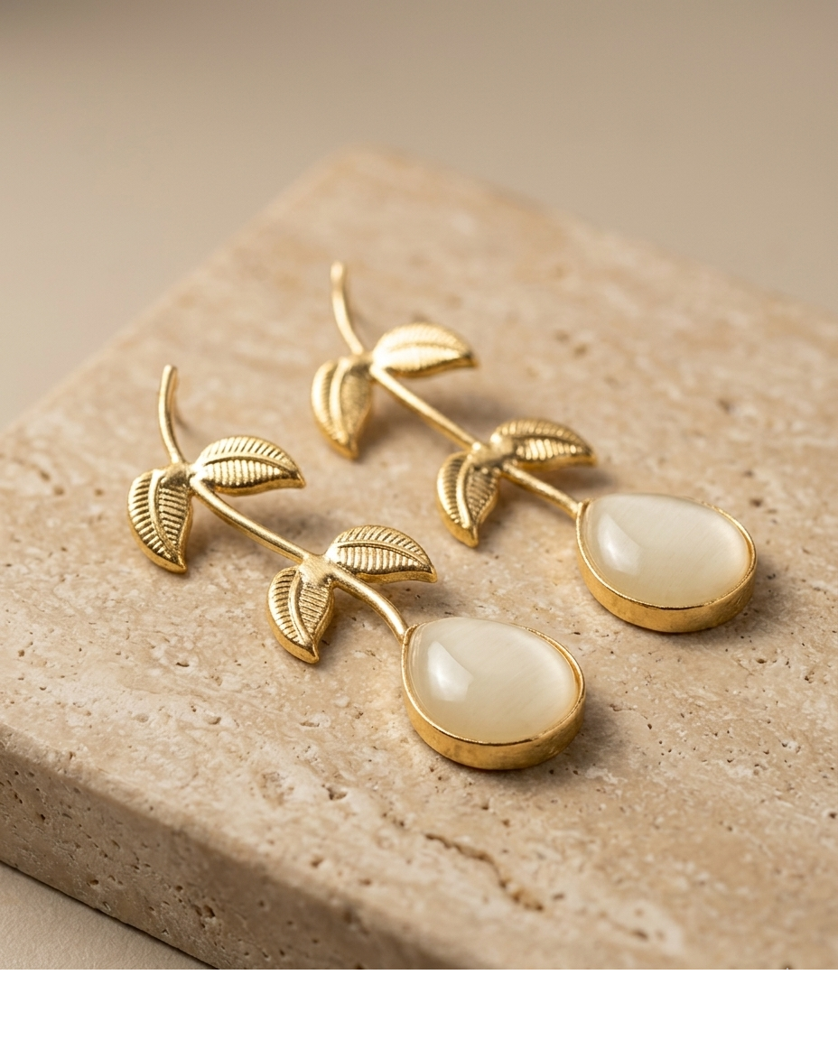 White Cat’s Eye Stone Leaf Drop Earrings for Women