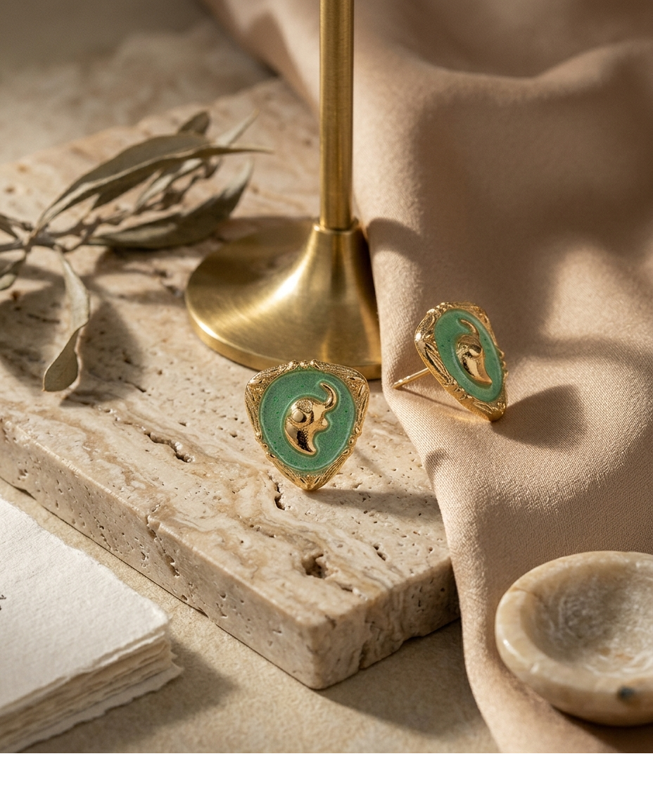 Green Enamel Elephant Motif Gold Stud Earrings for Women