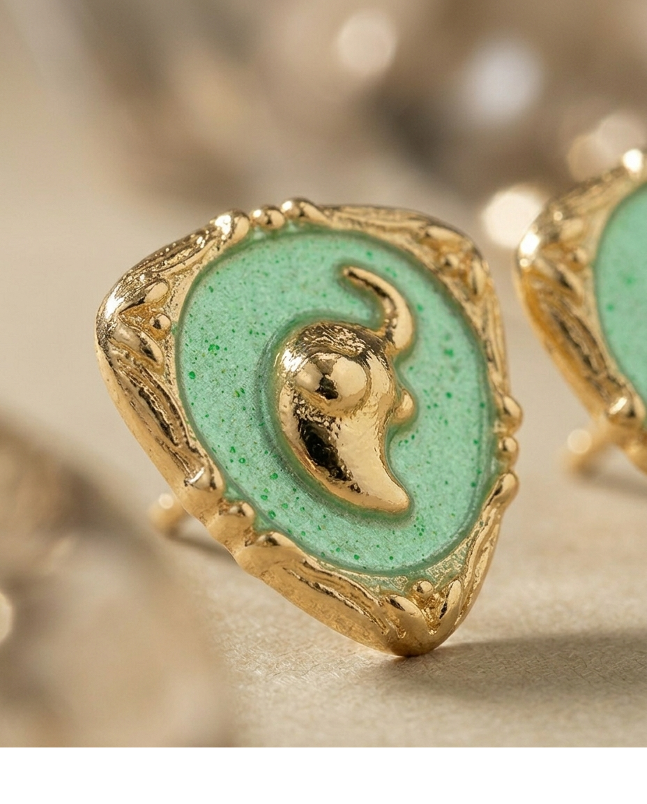 Green Enamel Elephant Motif Gold Stud Earrings for Women