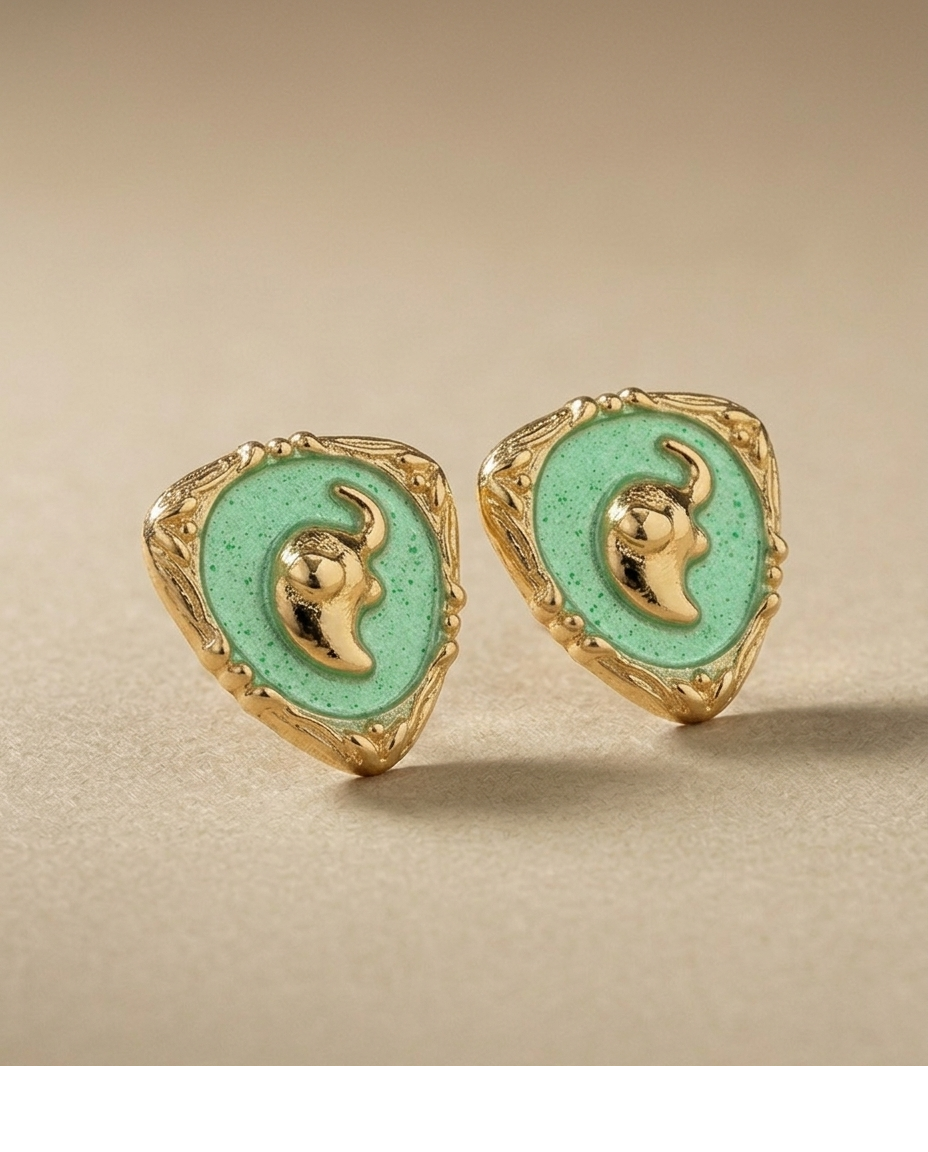 Green Enamel Elephant Motif Gold Stud Earrings for Women