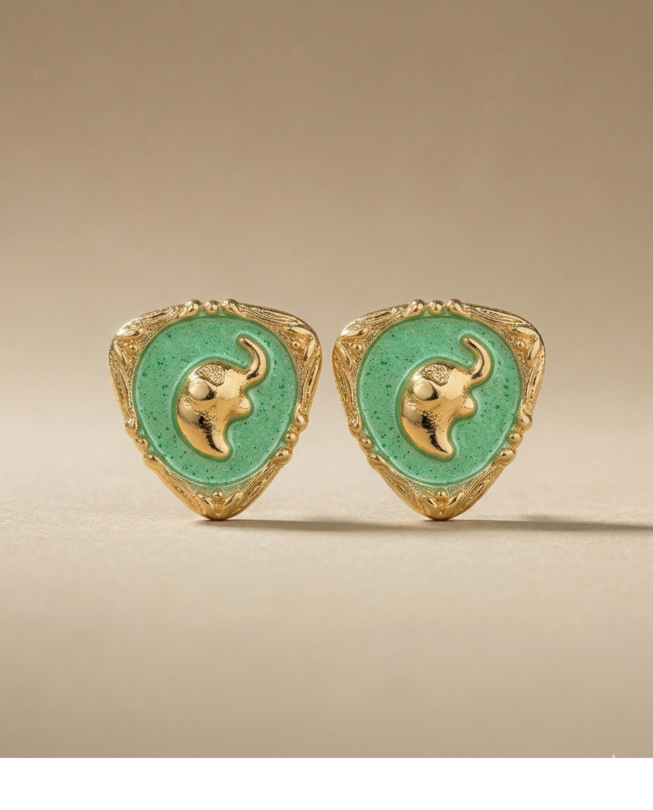 Green Enamel Elephant Motif Gold Stud Earrings for Women