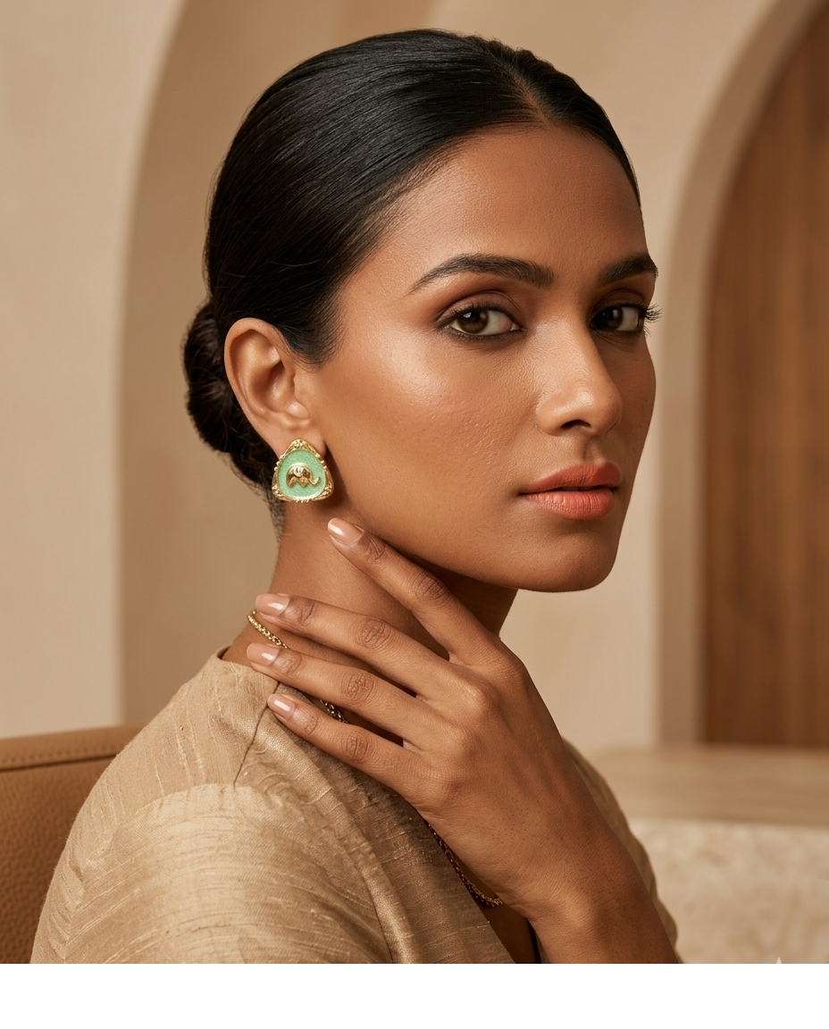 Green Enamel Elephant Motif Gold Stud Earrings for Women
