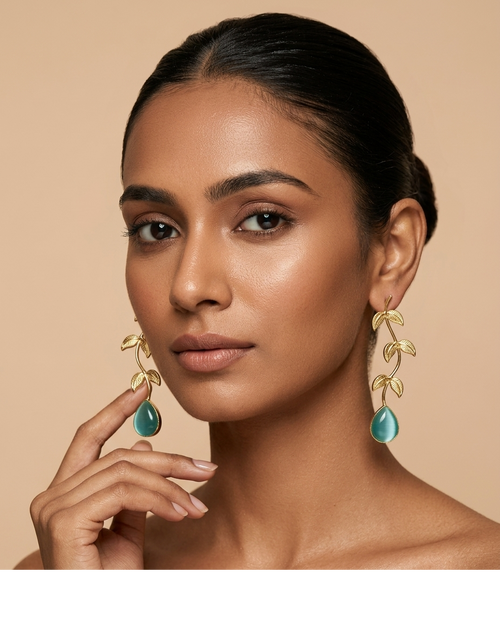 Aqua Blue Leaf Drop Earrings with Teardrop Stone for Women