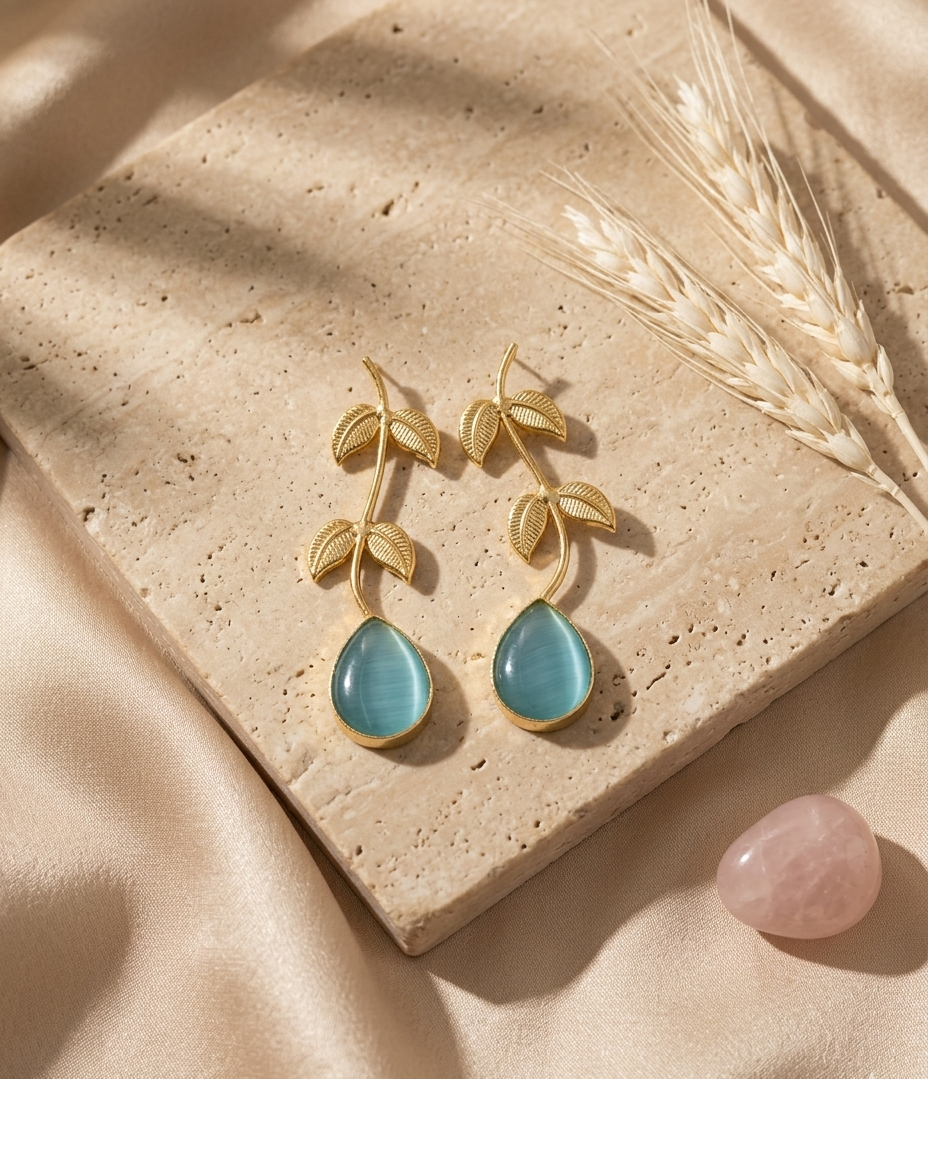 Aqua Blue Leaf Drop Earrings with Teardrop Stone for Women