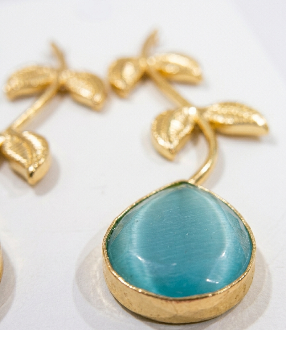 Aqua Blue Leaf Drop Earrings with Teardrop Stone for Women