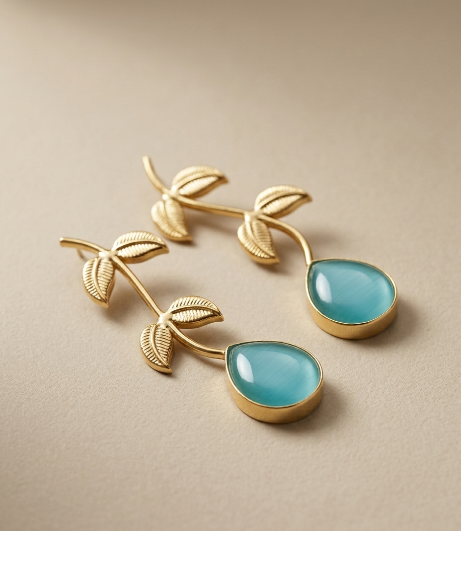 Aqua Blue Leaf Drop Earrings with Teardrop Stone for Women