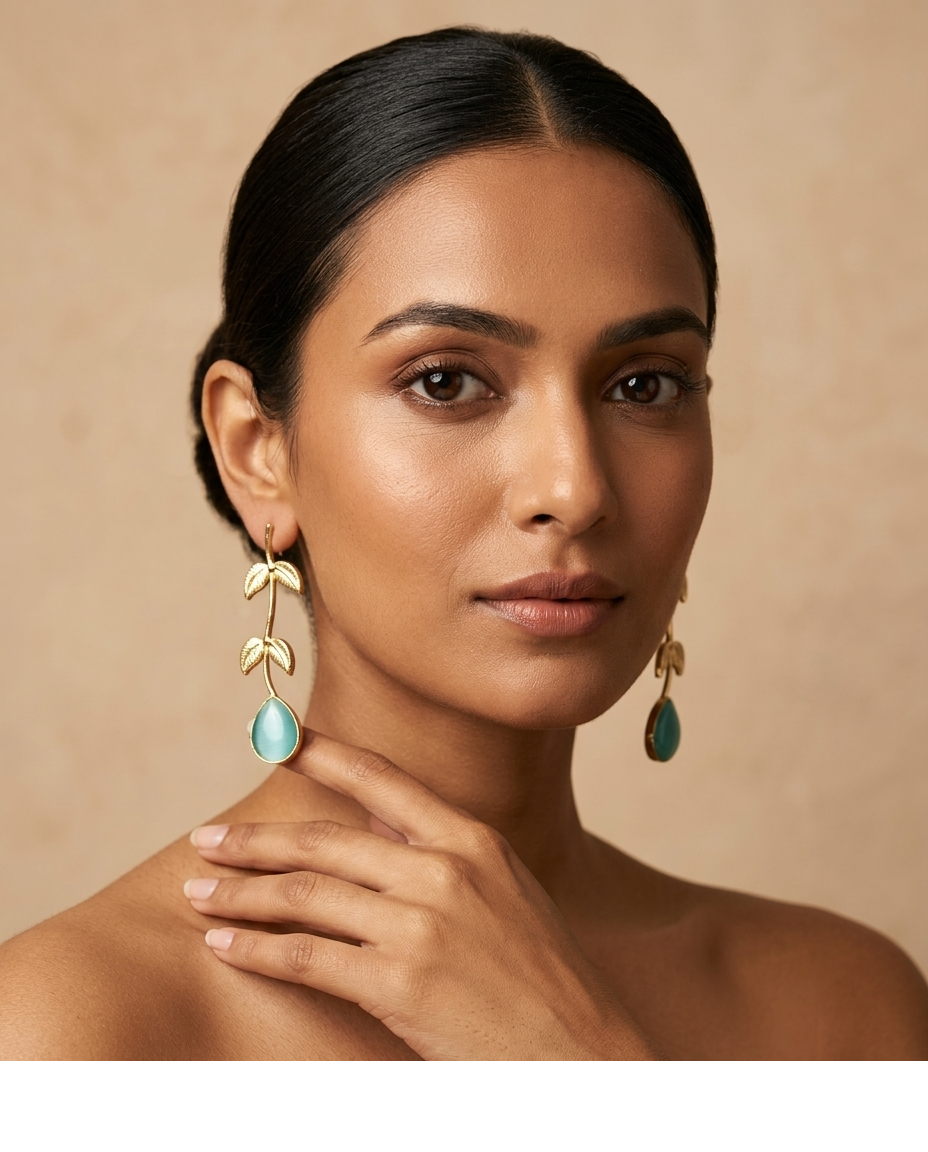 Aqua Blue Leaf Drop Earrings with Teardrop Stone for Women