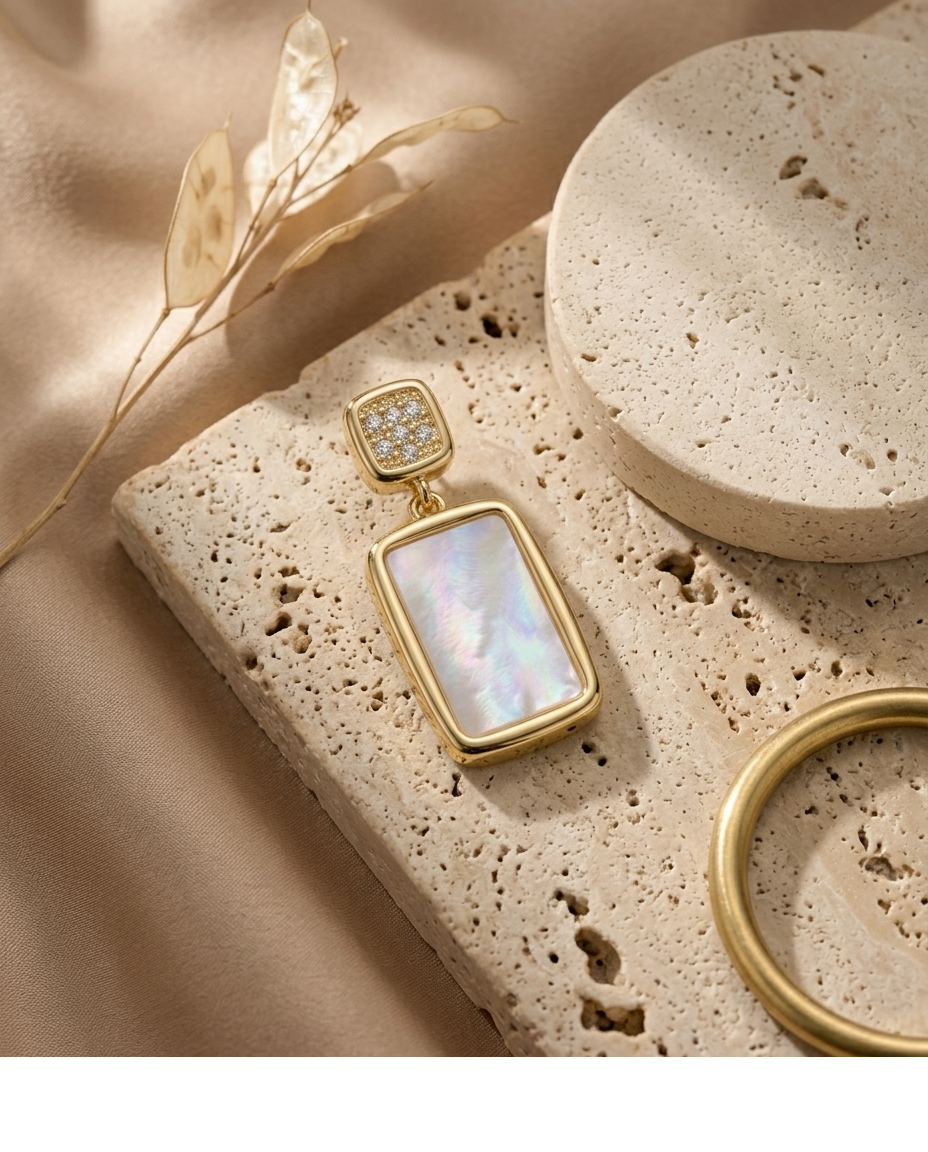 Mother of Pearl Rectangular Gold Drop Earrings for Women