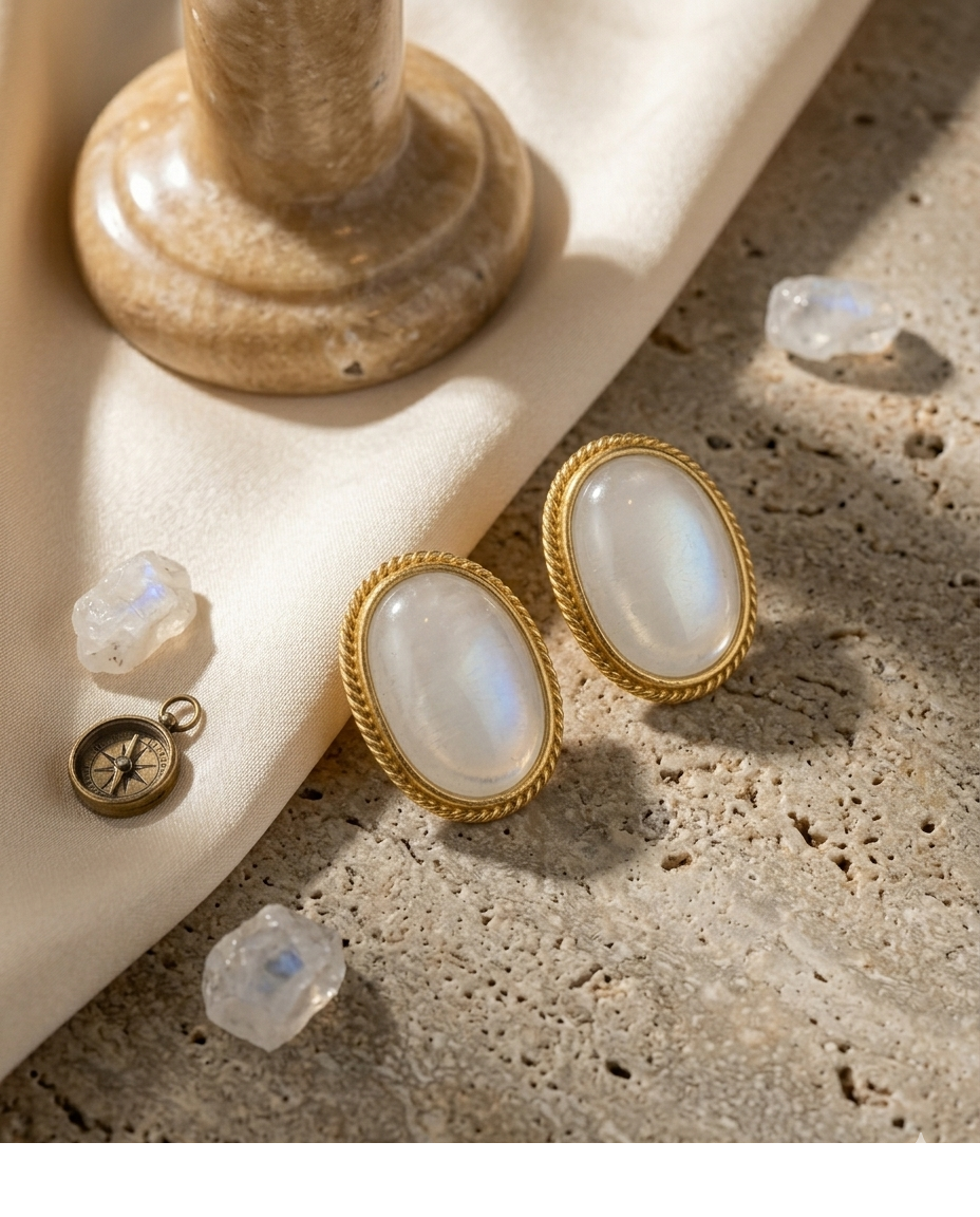 Moonstone Oval Gold Stud Earrings for Women