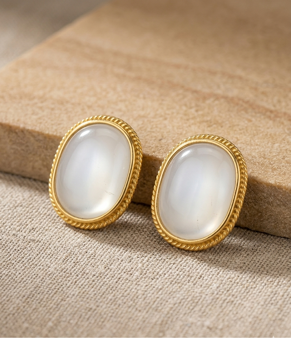 Moonstone Oval Gold Stud Earrings for Women