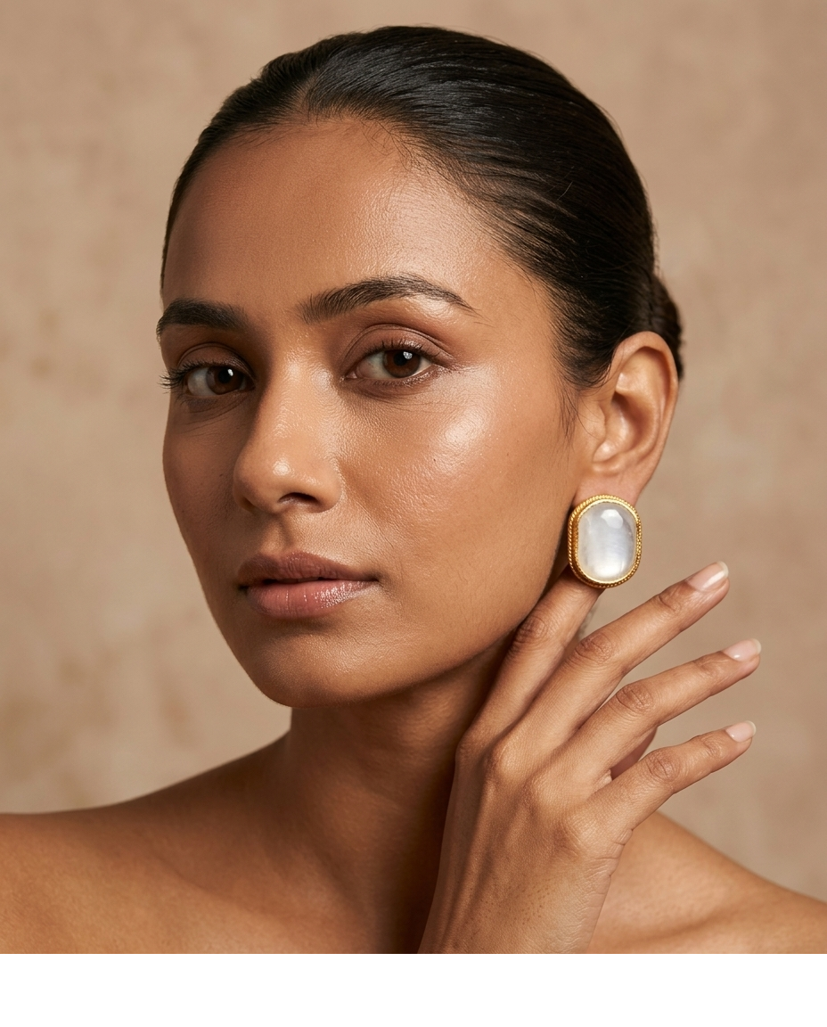 Moonstone Oval Gold Stud Earrings for Women
