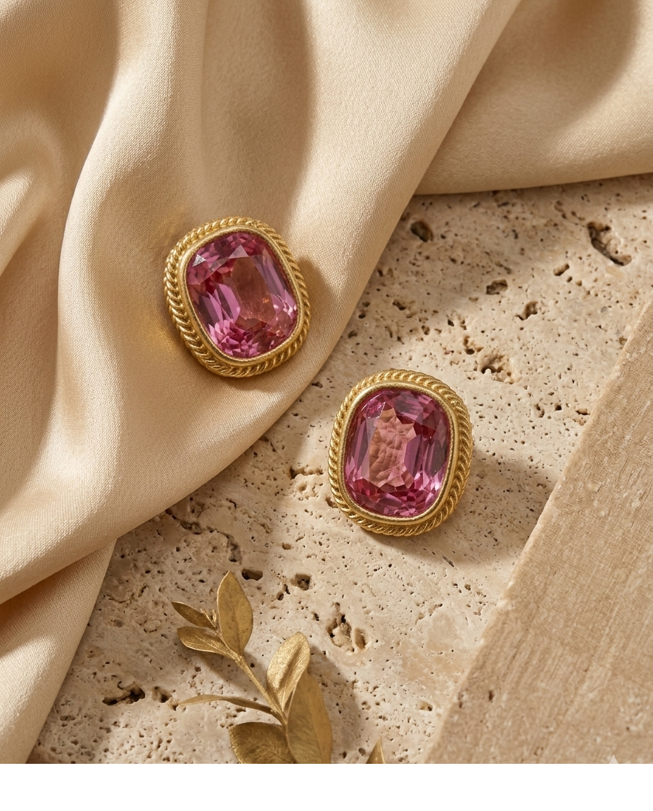Pink Gemstone Oval Gold Stud Earrings for Women