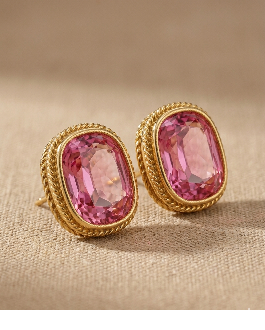 Pink Gemstone Oval Gold Stud Earrings for Women