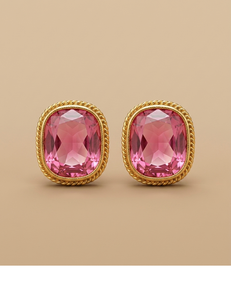 Pink Gemstone Oval Gold Stud Earrings for Women