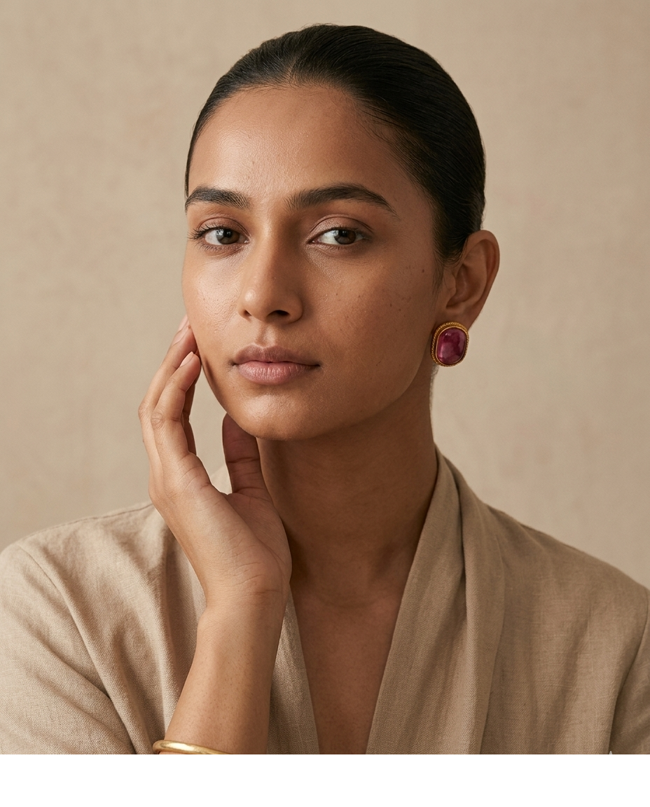 Pink Gemstone Oval Gold Stud Earrings for Women