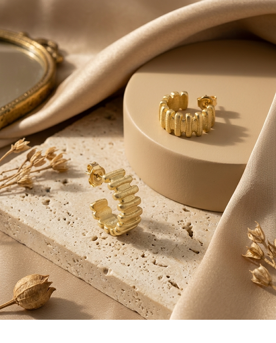 Textured Gold Ribbed Hoop Earrings for Women