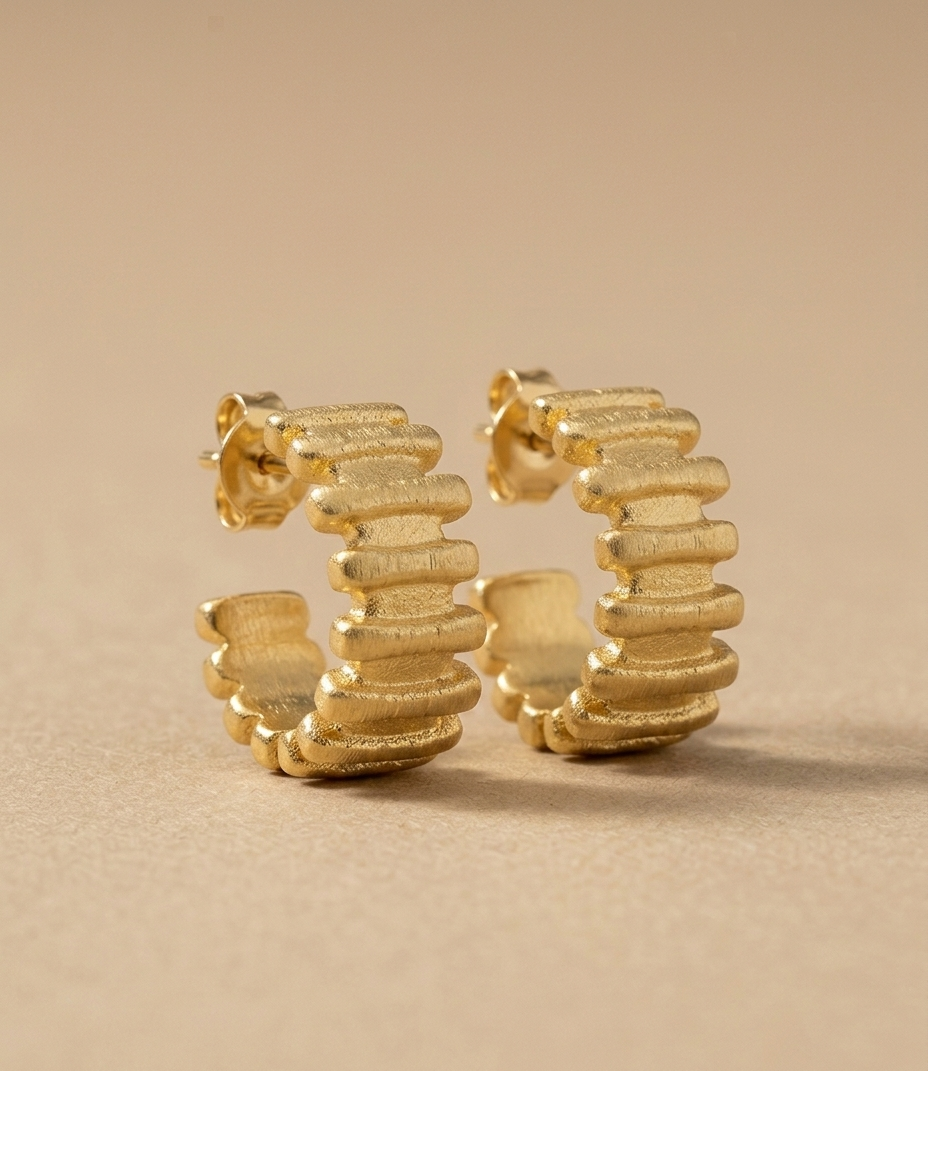 Textured Gold Ribbed Hoop Earrings for Women