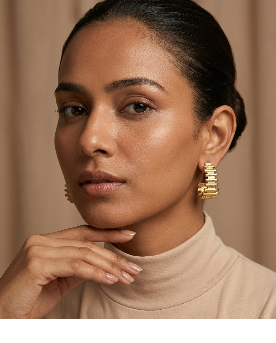 Textured Gold Ribbed Hoop Earrings for Women