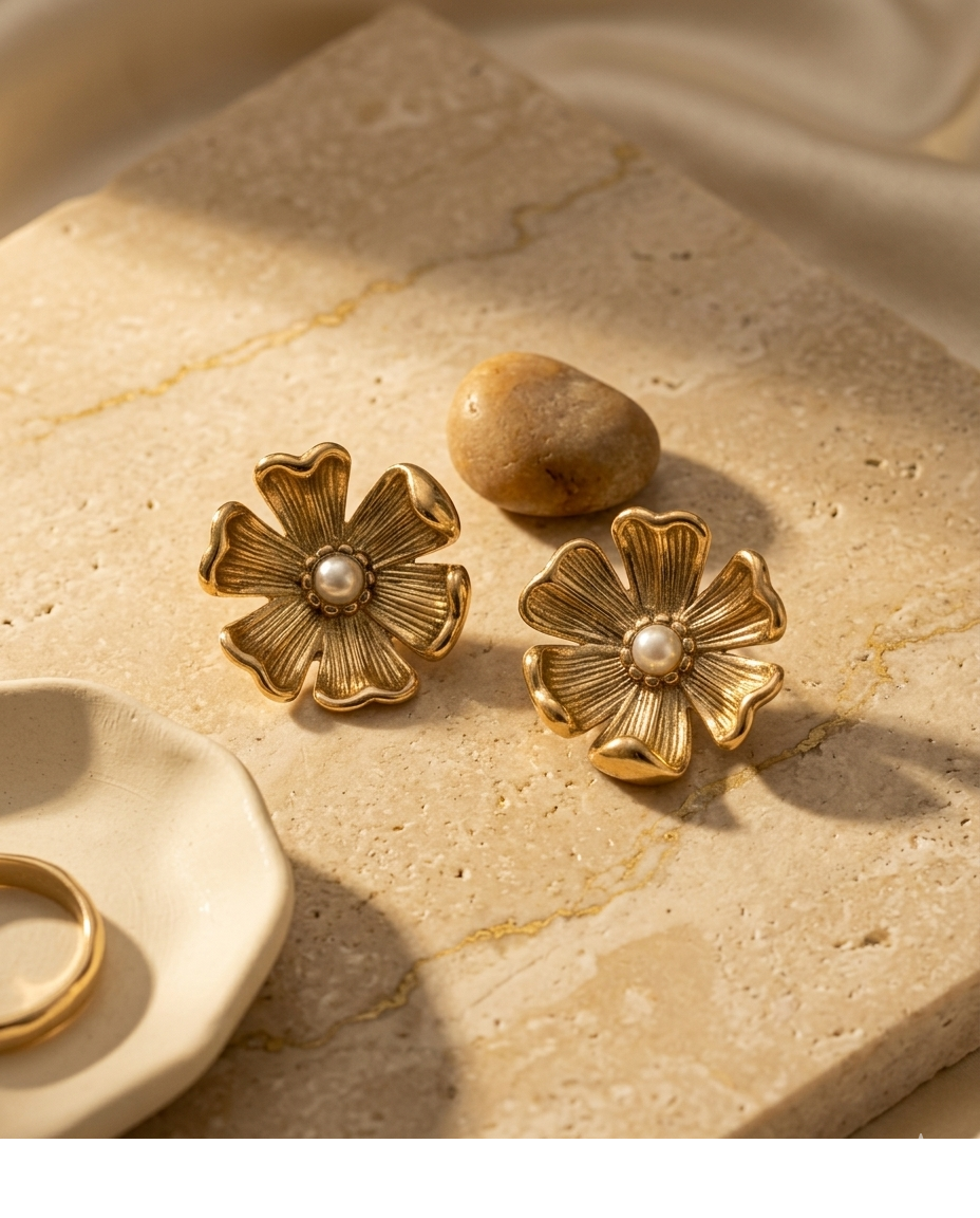 Gold Flower Pearl Stud Earrings for Women