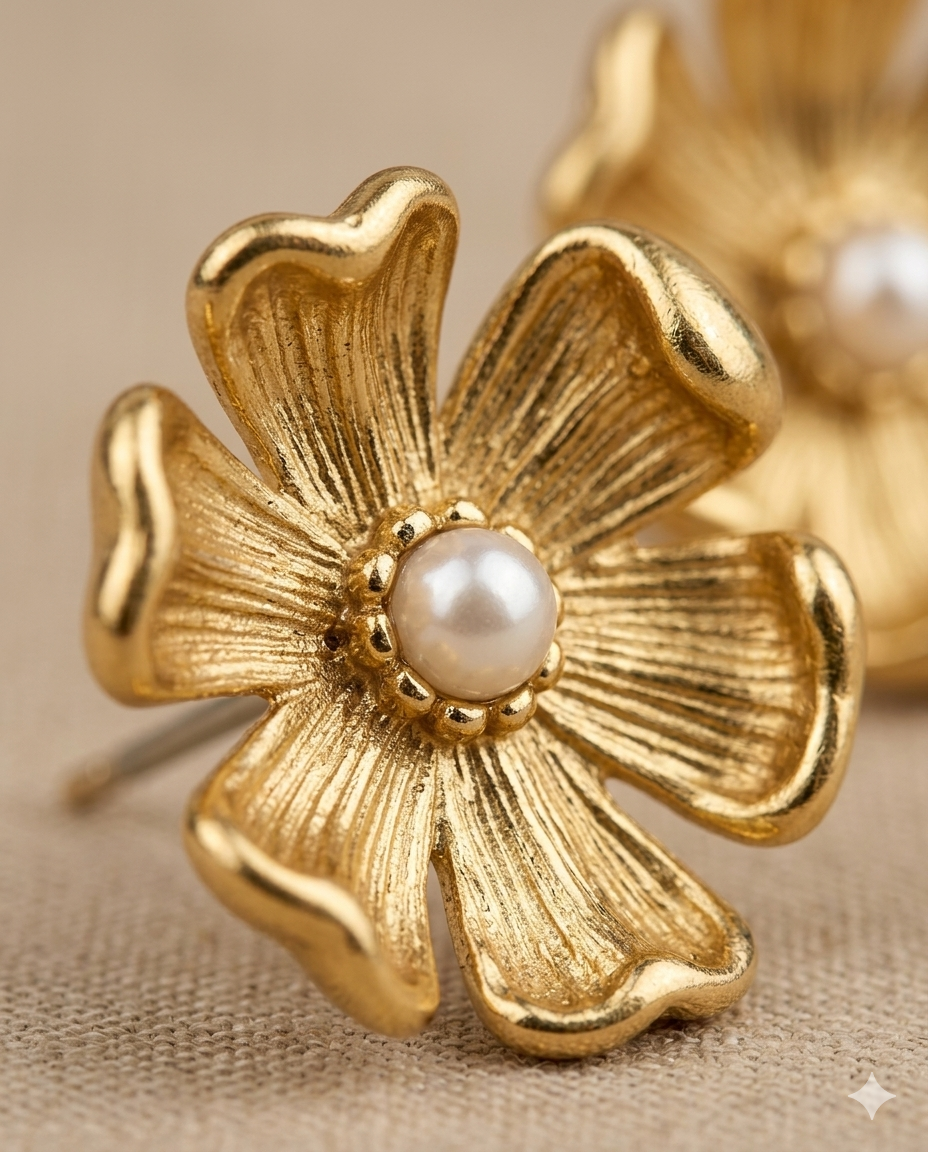 Gold Flower Pearl Stud Earrings for Women