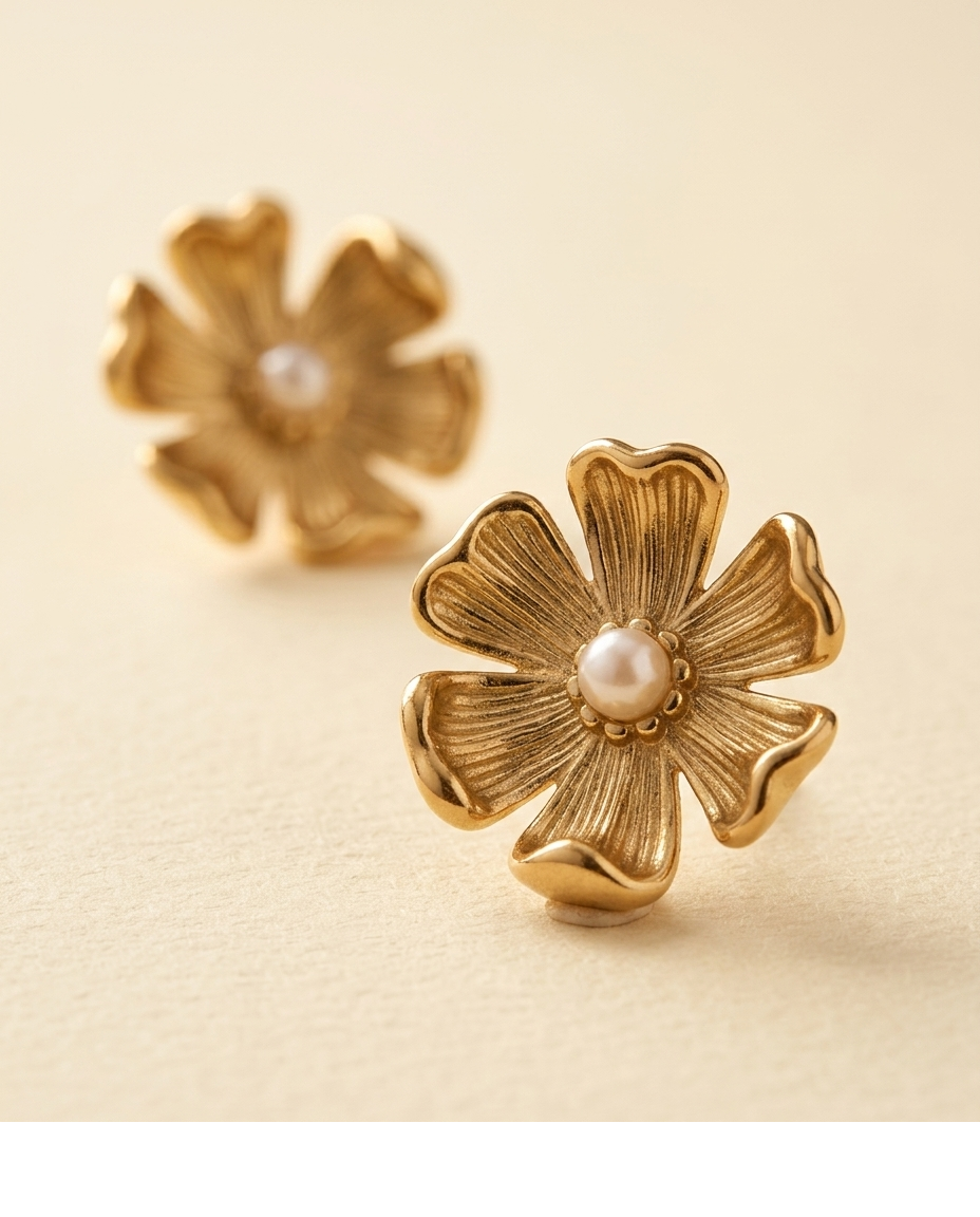Gold Flower Pearl Stud Earrings for Women