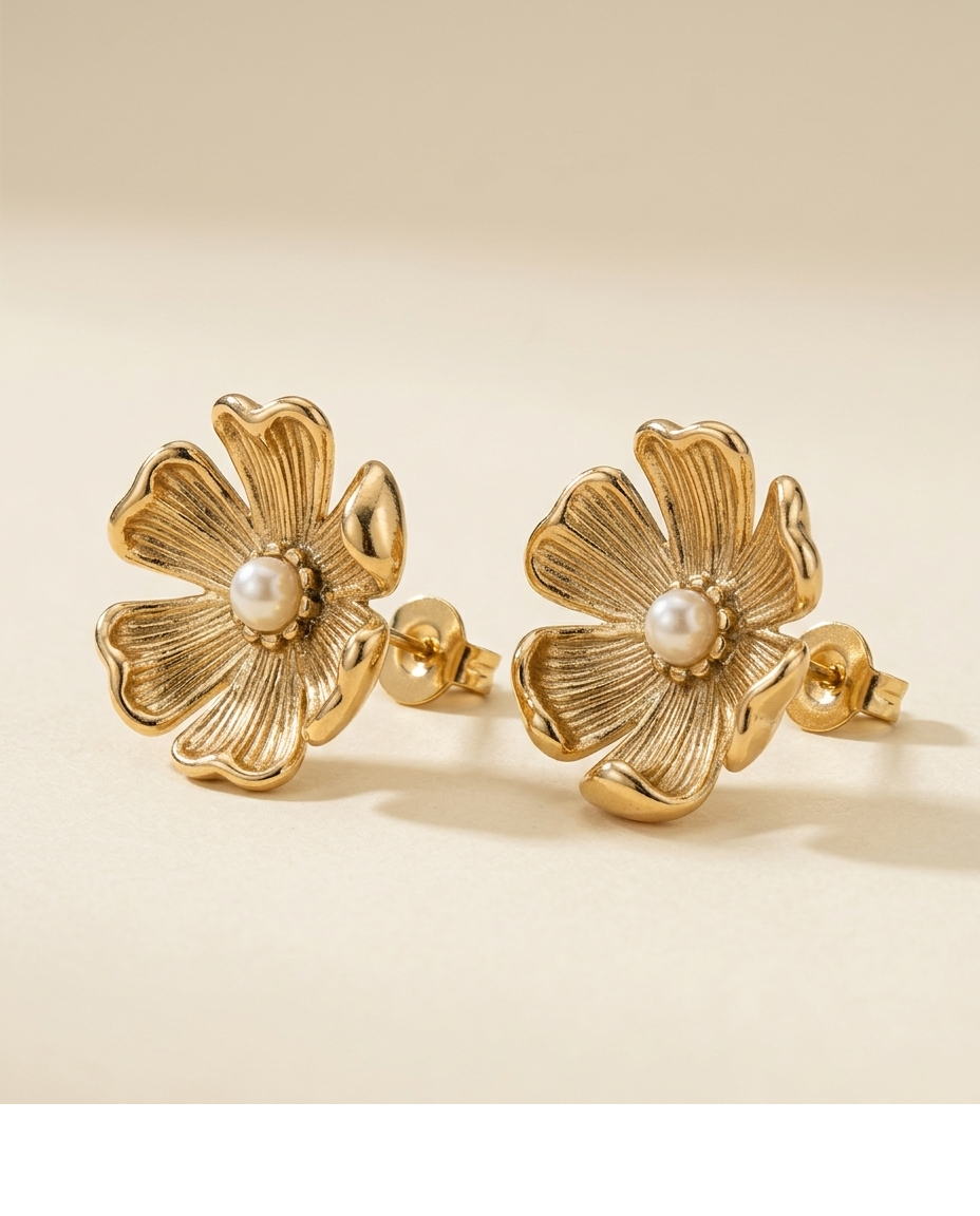 Gold Flower Pearl Stud Earrings for Women