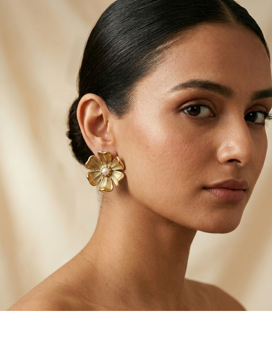 Gold Flower Pearl Stud Earrings for Women