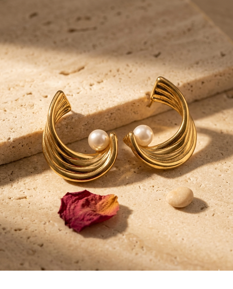Aurielle Pearl Wave Gold Plated Statement Stud Earrings for Women