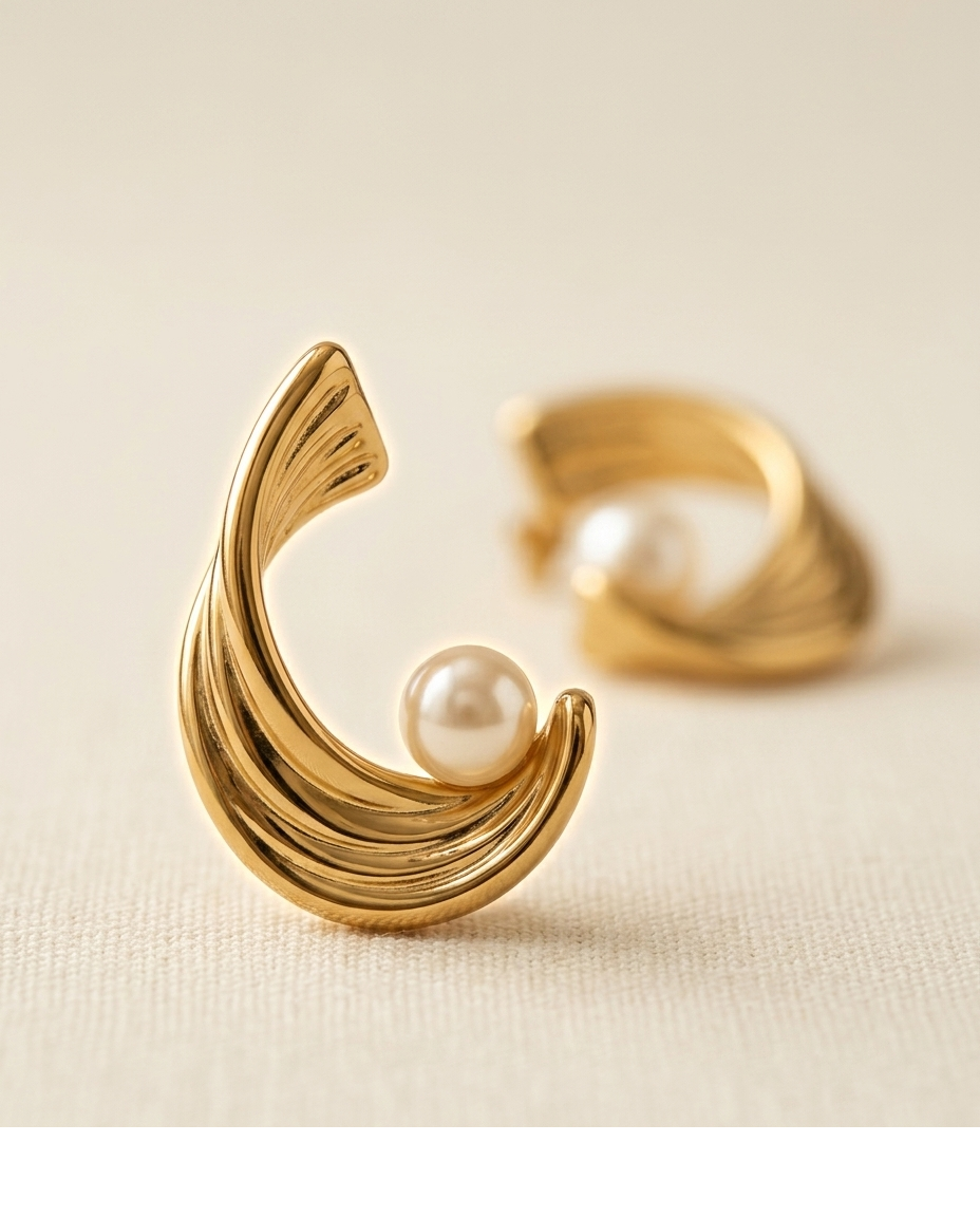 Aurielle Pearl Wave Gold Plated Statement Stud Earrings for Women