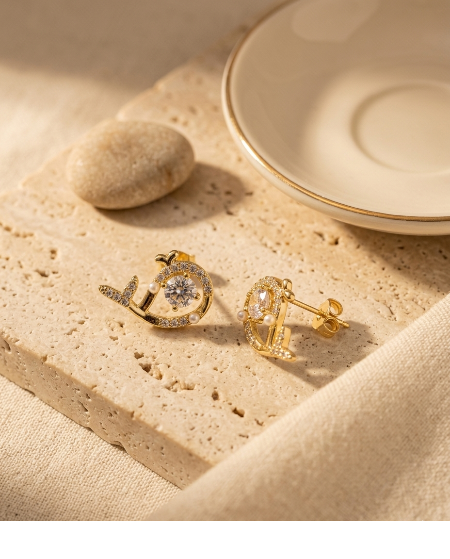 Celestial Orbit Gold Plated CZ Pearl Stud Earrings for Women