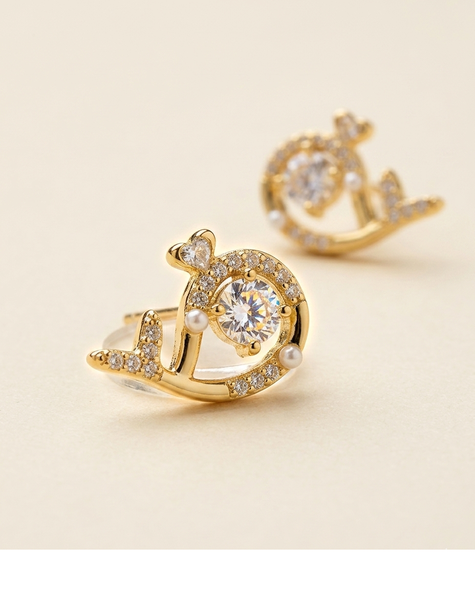 Celestial Orbit Gold Plated CZ Pearl Stud Earrings for Women