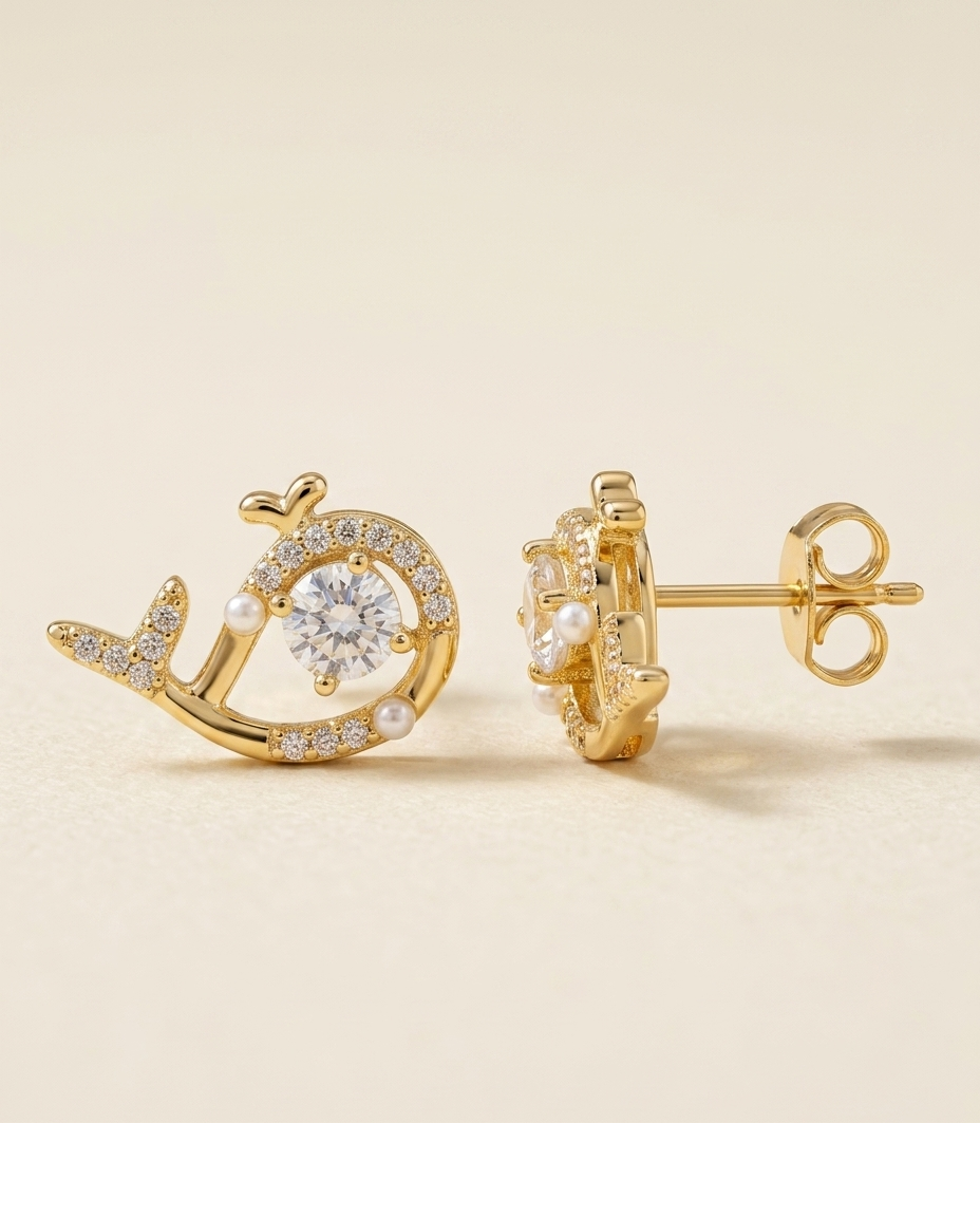 Celestial Orbit Gold Plated CZ Pearl Stud Earrings for Women