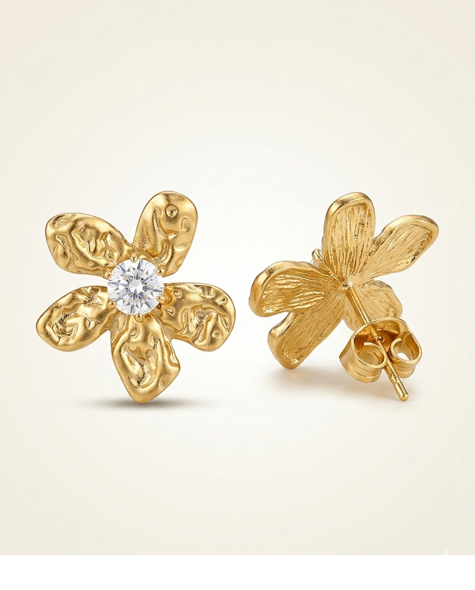 Bloom Aura Gold Plated Floral CZ Statement Stud Earrings for Women