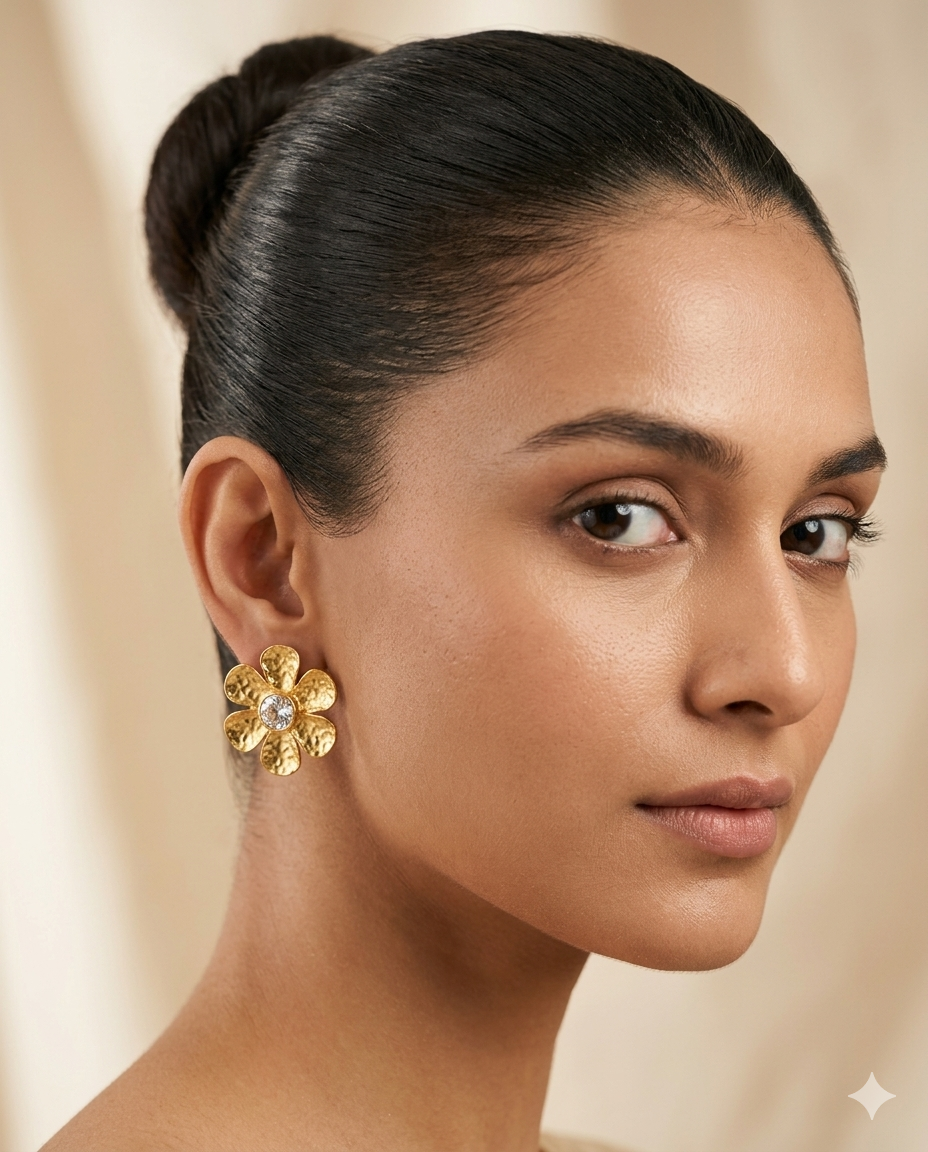 Bloom Aura Gold Plated Floral CZ Statement Stud Earrings for Women