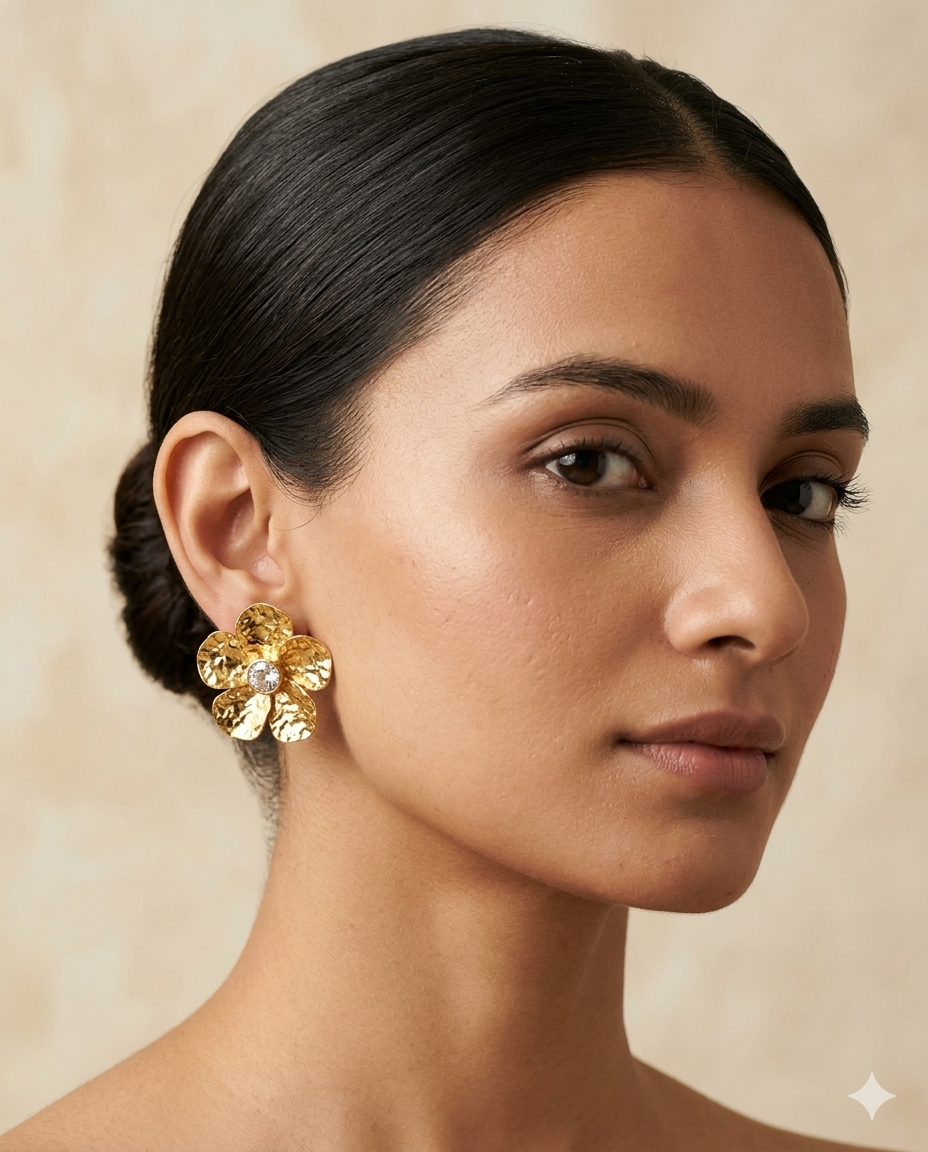 Bloom Aura Gold Plated Floral CZ Statement Stud Earrings for Women