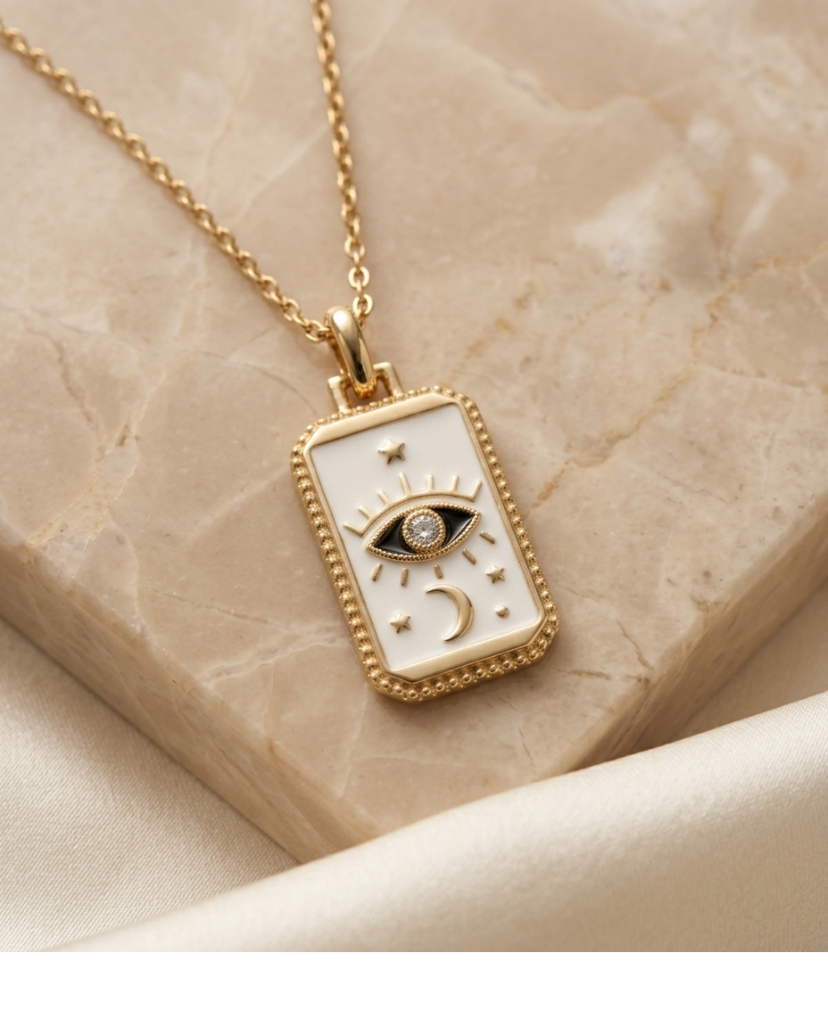 Celestial Evil Eye Pendant Necklace with White Enamel