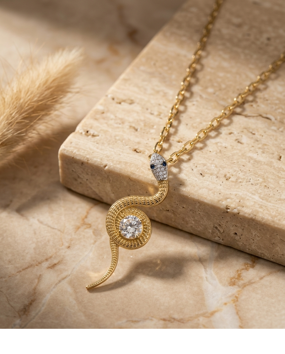 Golden Serpent Crystal Pendant Necklace for Women