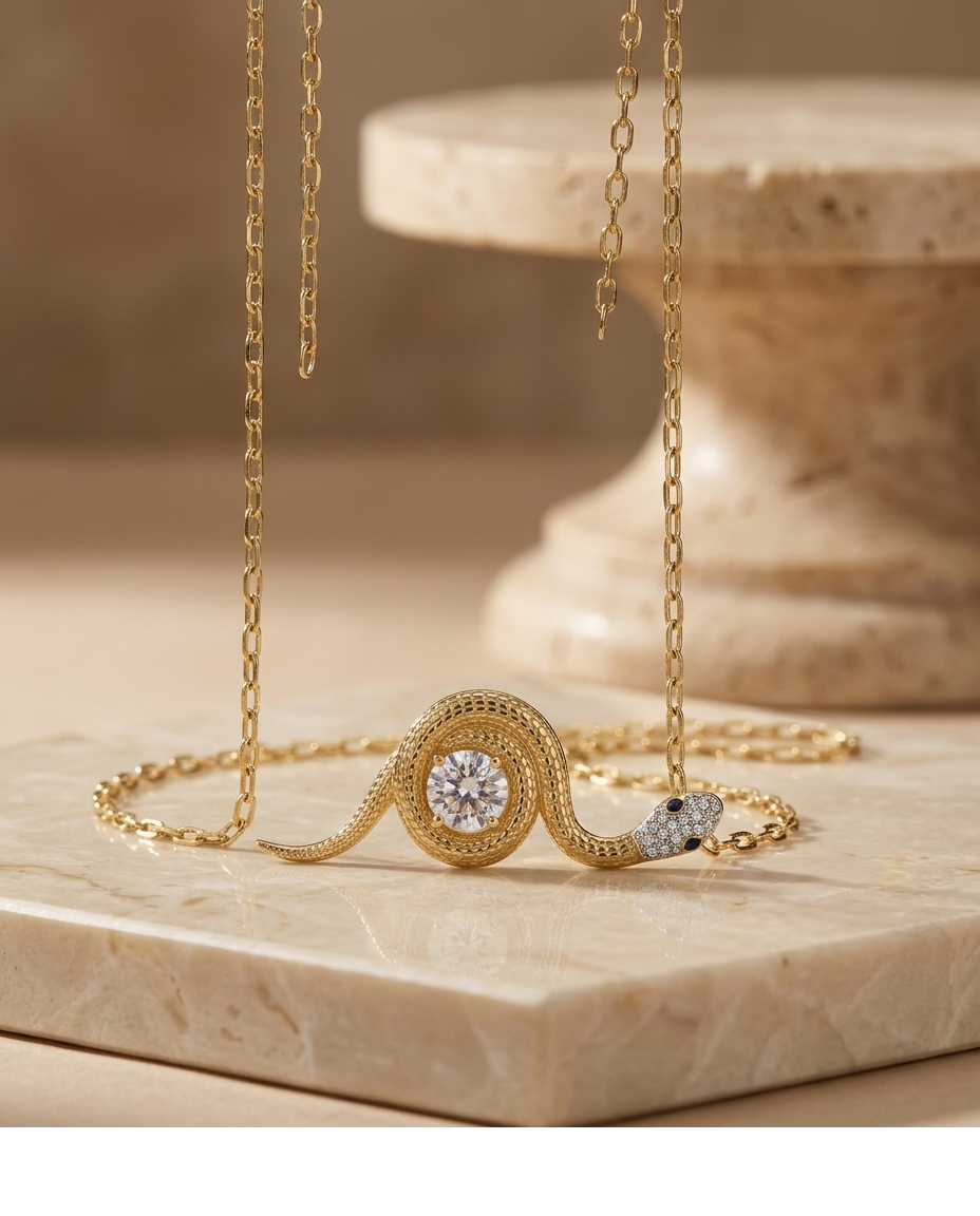 Golden Serpent Crystal Pendant Necklace for Women
